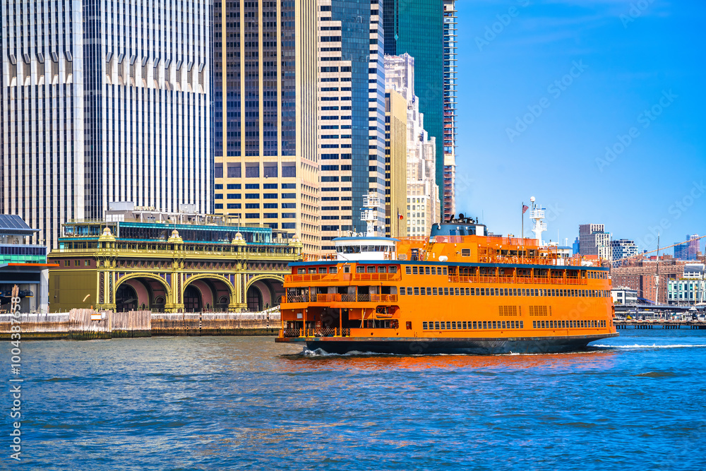 Staten Island ferry in front of Manhattan ferry terminal station, New York city