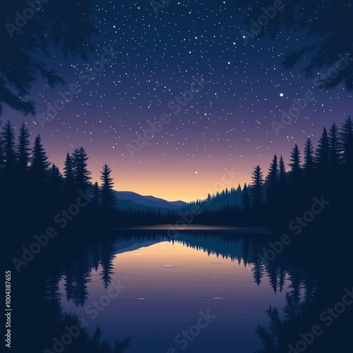 Starry Night over a Tranquil Lake with Silhouette of a Pine Forest and Mountains in the Distance