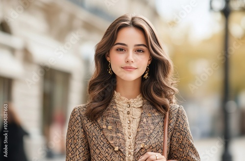 Young woman in vintage-style attire walking on a city street during autumn