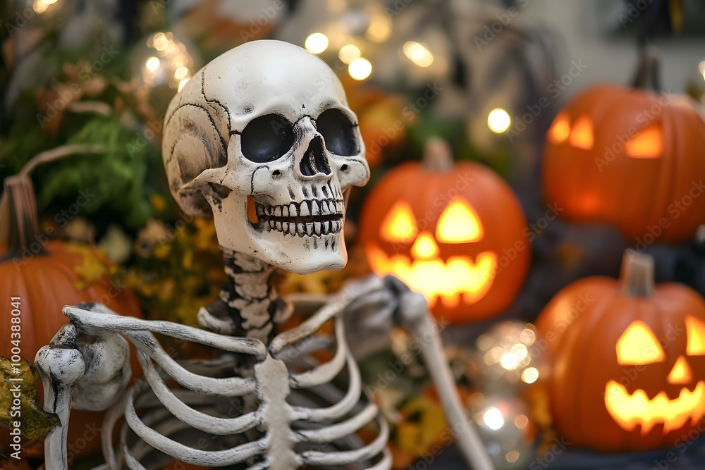 Halloween skeleton with jack-o-lanterns pumpkins around Halloween skeleton with jack-o-lanterns pumpkins around