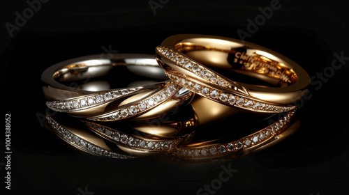 Elegant Black And Silver Wedding Ring Surrounded By Decorative Petals And Dia...