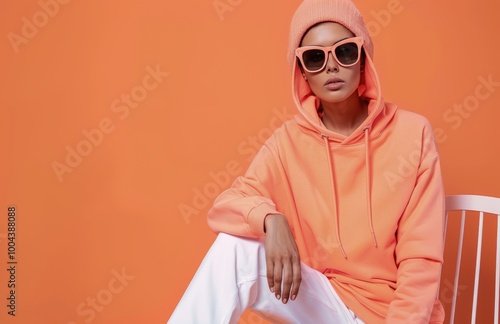Woman in Orange Hoodie and Sunglasses Sitting on White Chair