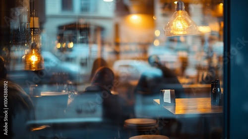 Cozy cafe ambiance viewed through window: warm glowing lights illuminate intimate seating, blurred patrons create inviting atmosphere on chilly evening. photo