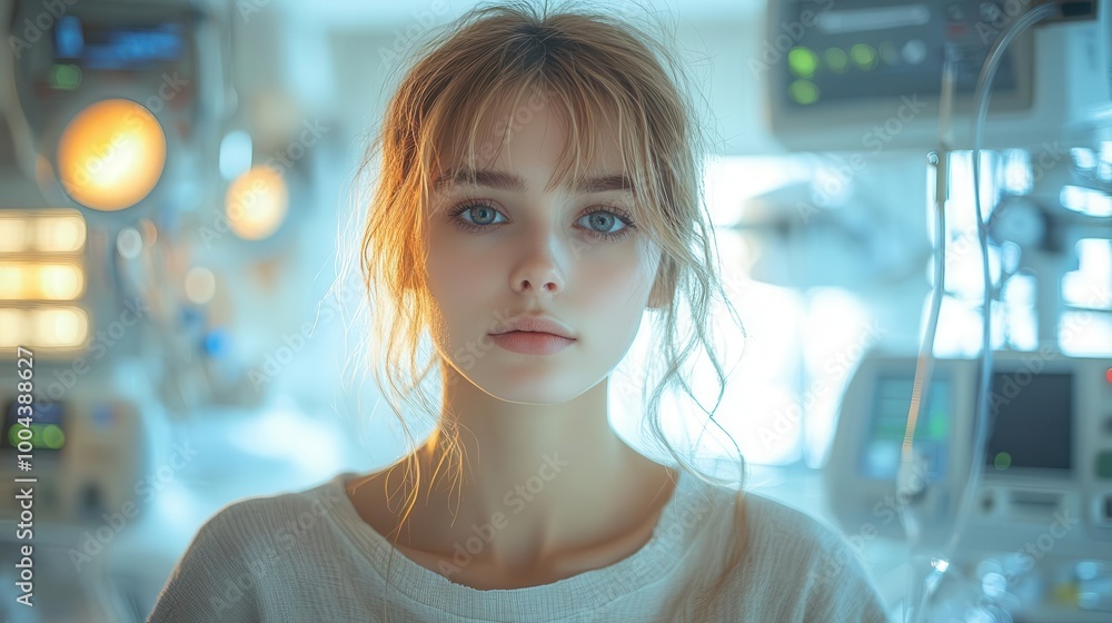 Fototapeta premium young woman in a hospital room expressing her battle with mental health issues surrounded by medical equipment and soft lighting raising awareness about psychiatric disorders