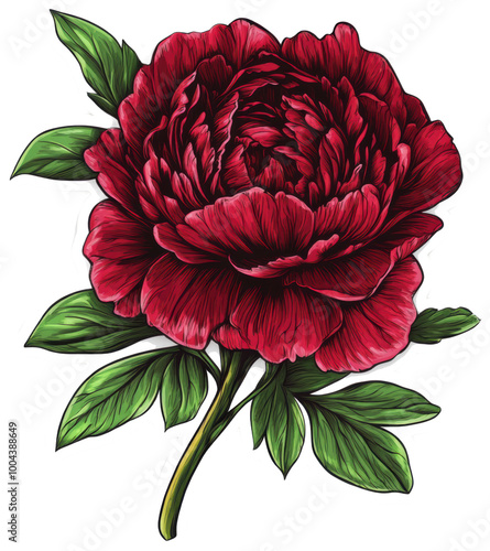 A red flower with green leaves. The flower is the main focus of the image. The color of the flower is vibrant and eye-catching. The green leaves add a touch of freshness and contrast to the red flower
