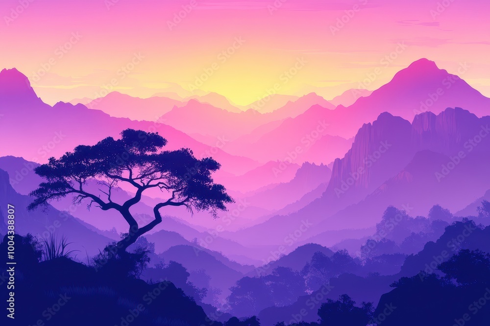 A lone tree stands against a vibrant purple and pink mountain range at sunrise. A lone tree stands against a vibrant purple and pink mountain range at sunrise.