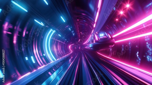 This sleek train travels rapidly through a modern tunnel illuminated by bright neon lights, creating a colorful and dynamic atmosphere at night