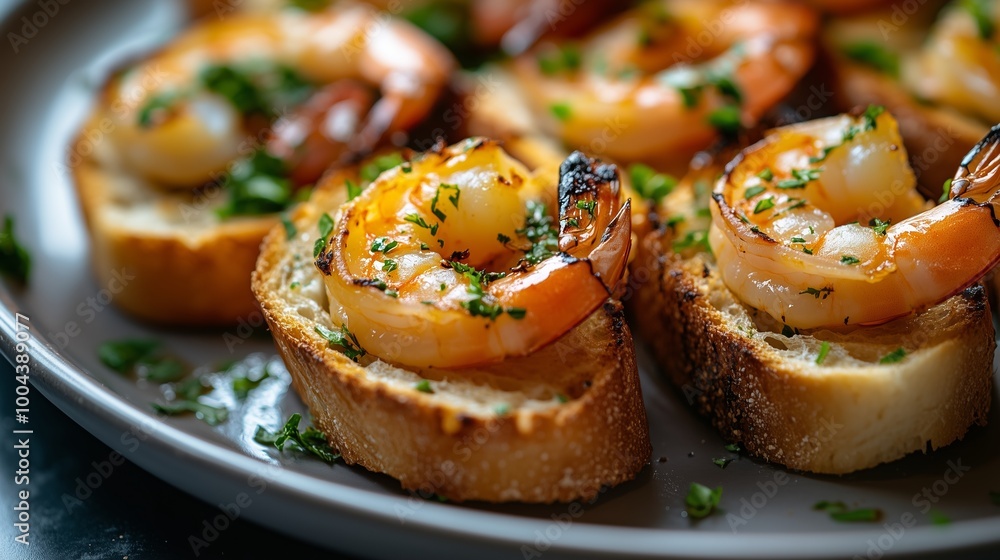 A plate of delicious grilled shrimp on small baguette toasts A plate of delicious grilled shrimp on small baguette toasts