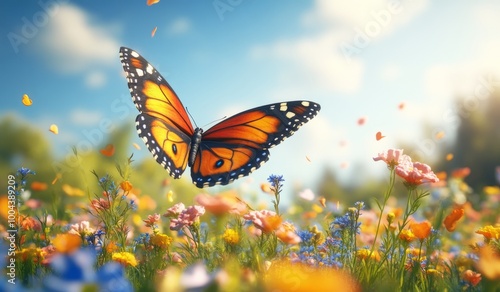 Vibrant Monarch Butterfly Soars Over Blooming Wildflower Meadow On A Sunny Day