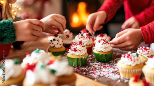 Children decorating festive cupcakes with sprinkles and frosting in a cozy holiday setting by a fireplace