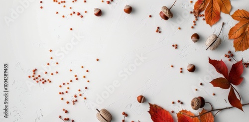Autumn Leaves and Acorns Display on White Surface in Fall Season