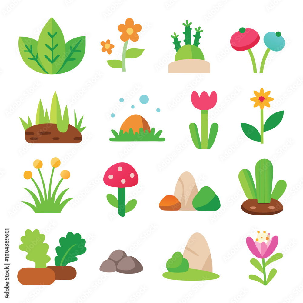 Simple Vector Icons of Grass Rocks Flowers Cacti and Mushrooms Pastel Cartoon Style Flat Design Simple Vector Icons of Grass Rocks Flowers Cacti and Mushrooms Pastel Cartoon Style Flat Design