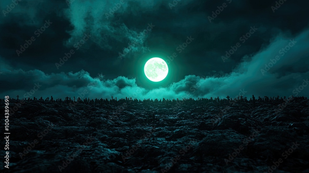 Fototapeta premium A glowing moon illuminates a dark landscape under a stormy sky.