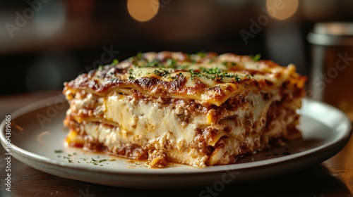 An expected close up of lasagna with cheese melting over the top