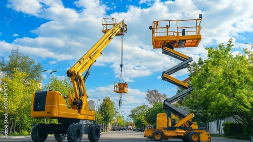 Wallpaper Mural Two yellow construction boom lifts on a sunny day, one extended up high and one lowered down Torontodigital.ca