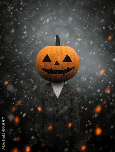 Mysterious Figure in Suit With Pumpkin Head Amid Falling Leaves on Foggy Hall...