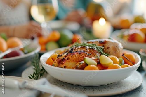 Delicious Roasted Chicken With Colorful Vegetables At A Cozy Dinner Table