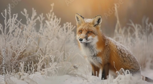 Red Fox in Frosty Winter Landscape During Golden Hour