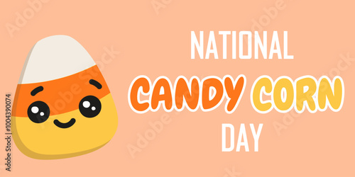 National Candy corn Day celebrates on October 30th. Horizontal Poster with candy corn cartoon character isolated on peach fuzz color background. Cute vector poster for postcard, flyer, banner