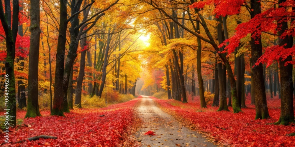 Fototapeta premium Tranquil autumn forest landscape with red leaves covered road and yellow trees
