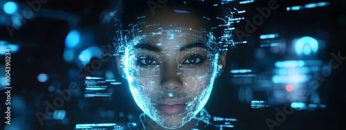 A futuristic digital interface displaying various data and information, with an AI avatar of the most beautiful woman in the style of cyberpunk style looking at you from behind it.