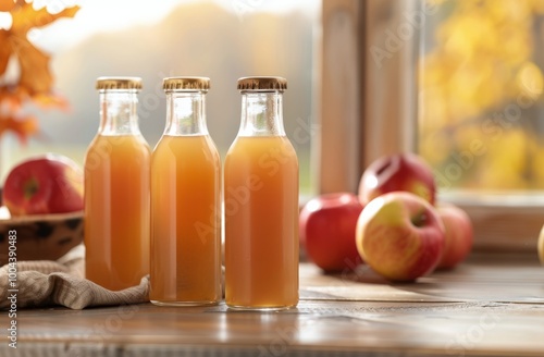 Freshly Bottled Apple Juice With Autumn Leaves and Apples on a Rustic Table