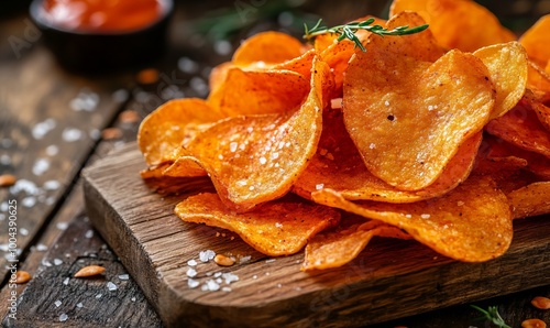 Savory Potato Chips with Salt and Spices on Wooden Table, AI generated illustration