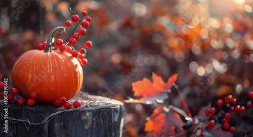 Pumpkin on Tree Stump With Berries
