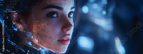 A futuristic digital interface displaying various data and information, with an AI avatar of the most beautiful woman in the style of cyberpunk style looking at you from behind it.