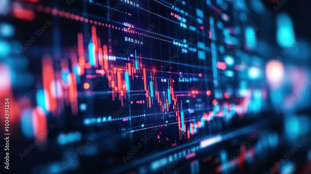 Macro close-up of a stock market investment trading chart displayed in blue, analyzing data with candlestick graphs Macro close-up of a stock market investment trading chart displayed in blue, analyzing data with candlestick graphs