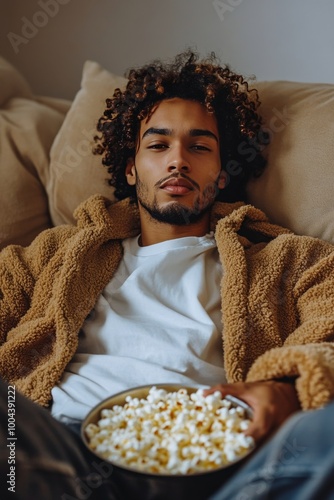 Teen relaxing on couch with bowl of popcorn during cozy movie night at home