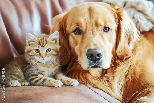 a golden retriever lying with a cute kitten at home