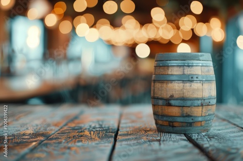 Wooden Barrel on Table in Cozy Restaurant With Warm Lighting