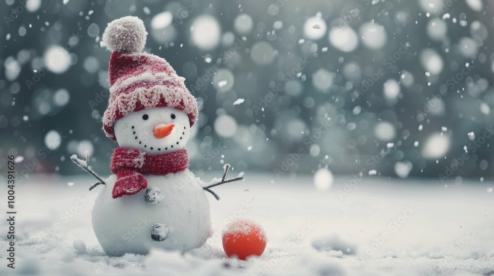 Fototapeta premium Cheerful Snowman With Red Scarf and Hat on Snowy Winter Day