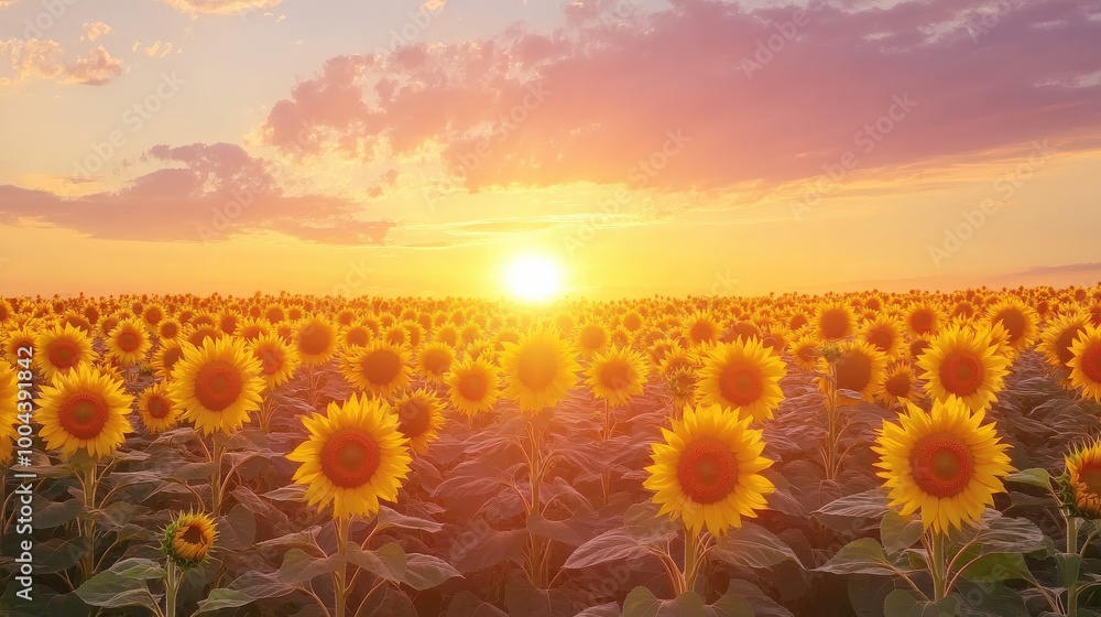 Fototapeta premium Sunflowers stretch endlessly in a vast field as the sun sets behind them. The golden hues of the flowers contrast beautifully with the colorful sky, creating a serene atmosphere