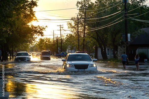 Summer Sunset Flooded Street with Cars and Pedestrians, AI generated illustration