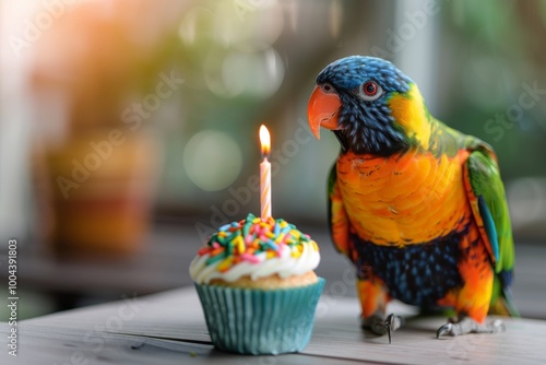 Colorful Parrot Celebrates Birthday With Cupcake and Candle