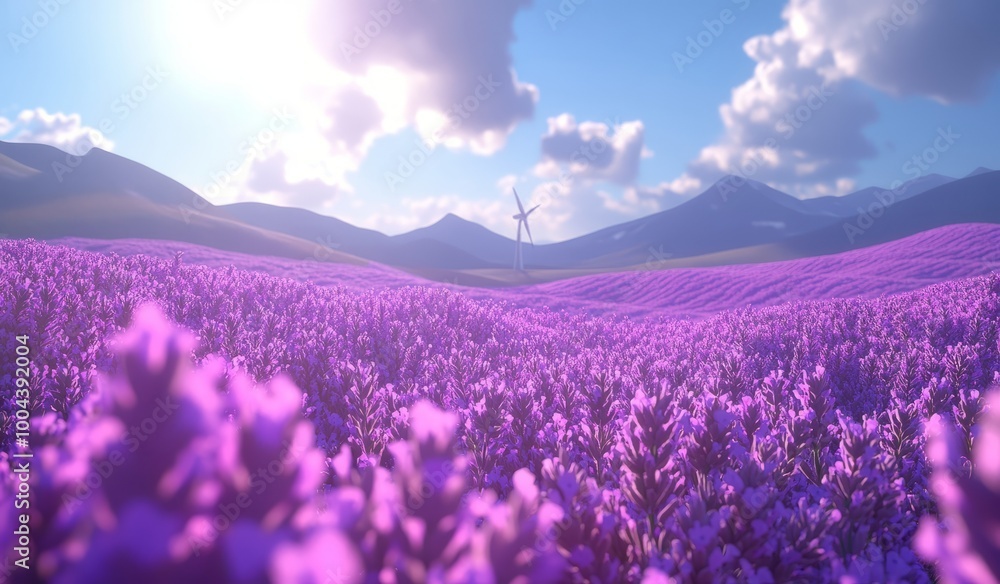 Obraz premium Sunlit Lavender Fields With Wind Turbine in Majestic Mountain Landscape