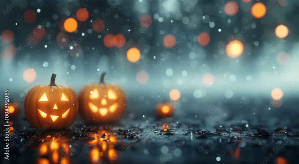 Fototapeta premium Lit Jack-O'-Lanterns in Foggy Forest