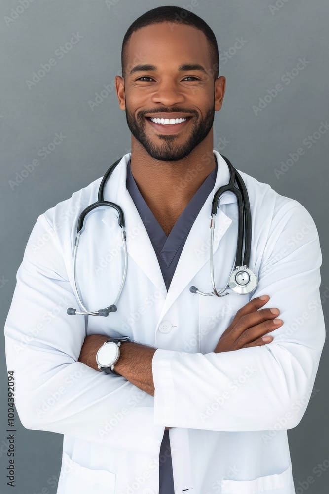 Smiling male doctor in a white coat with a stethoscope, standing against a gray background Smiling male doctor in a white coat with a stethoscope, standing against a gray background