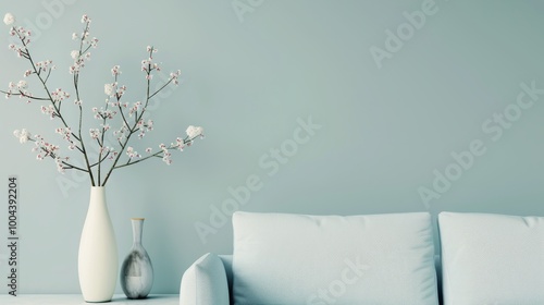 Modern Living Room Decor With Cherry Blossom Branch and Soft Blue Couch in Co...