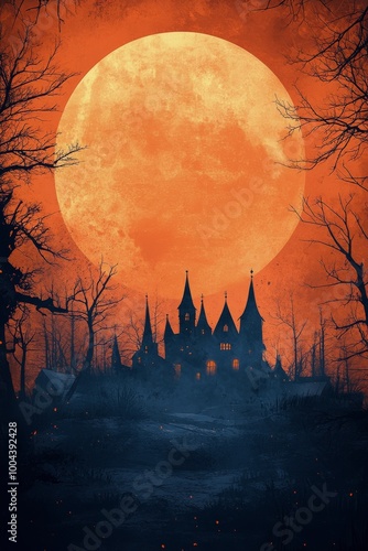 Eerie landscape at night with a full moon and flying bats in darkened woods