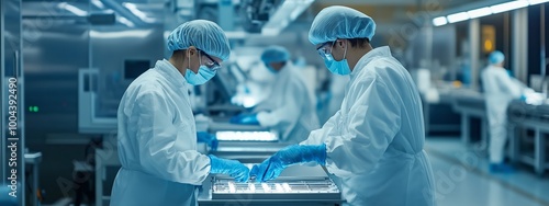 Medical professionals work collaboratively in a cleanroom laboratory, wearing protective gear and examining samples during daylight hours