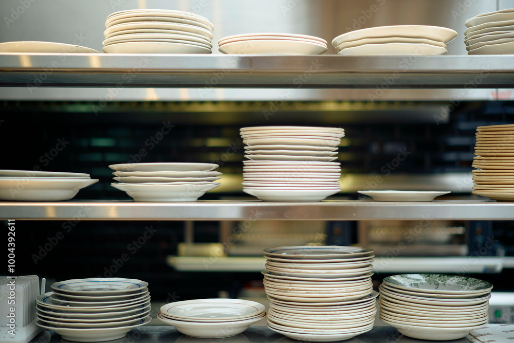 Stacks of various white ceramic plates on metal shelves in a commercial kitchen. Stacks of various white ceramic plates on metal shelves in a commercial kitchen.