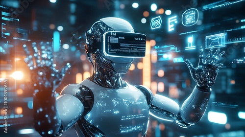 A futuristic robot wearing a VR headset interacts with digital interfaces in a futuristic environment. photo