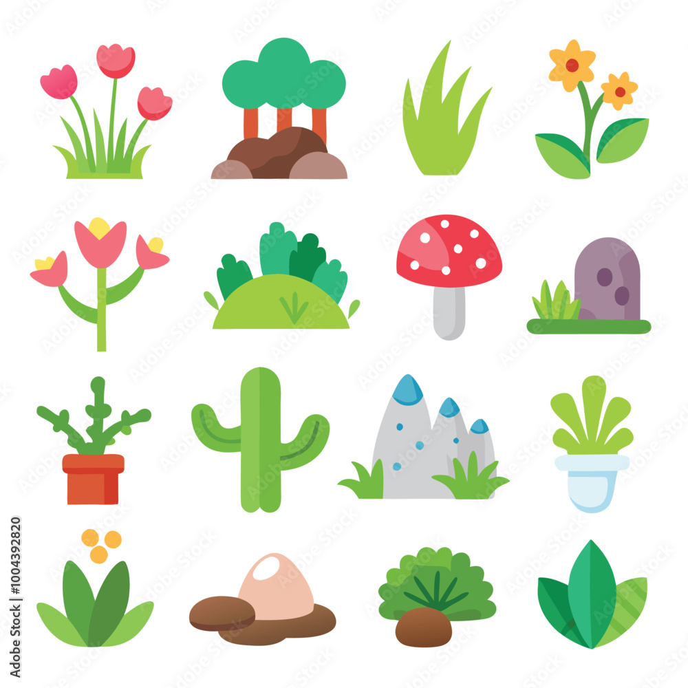 Naklejka premium Simple Vector Icons of Grass Rocks Flowers Cacti and Mushrooms Pastel Cartoon Style Flat Design