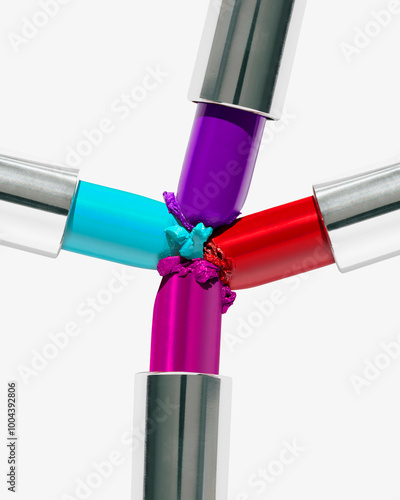 Four differently colored lipsticks intersecting at the center, isolated on a white background. photo