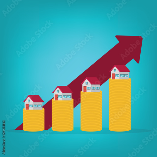 Arrows rise up above the house. The concept of growth in demand for real estate. Increase in the value of property	