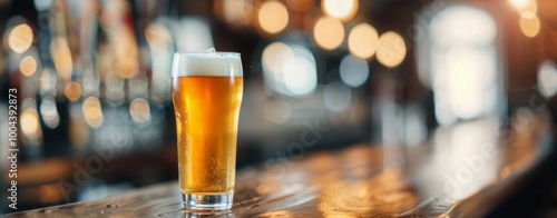 Golden Beer Glass on Wooden Bar Counter in Cozy Pub During Evening