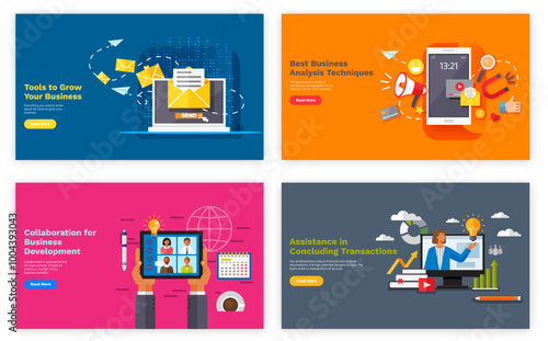 Tools to grow your business, collaboration for business development, assistance in concluding transactions, best business analysis techniques banners set. E-commerse, commersial mission, advertising